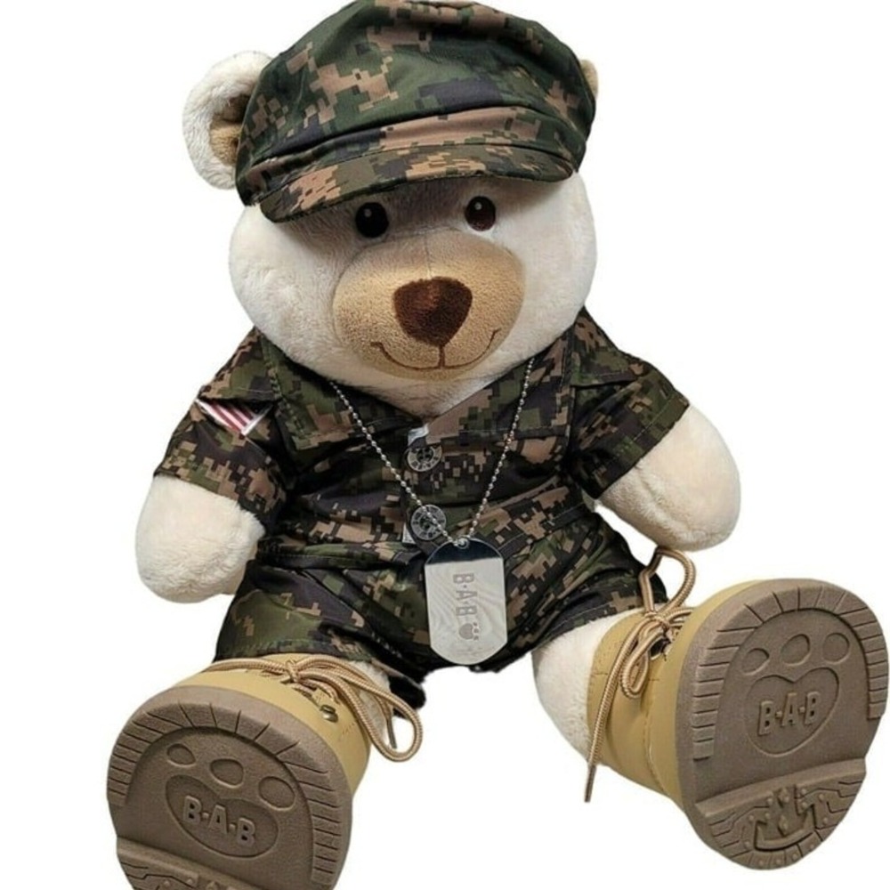 Build A Bear Military Teddy Bear 16in Cream Digital Camo Uniform Boots Dog‎ Tags
